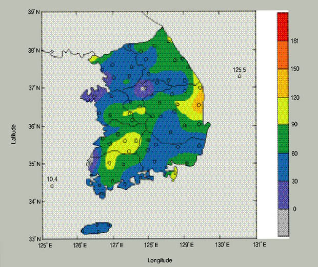 그림 12. 강수량 분포도(2002.1) 이미지